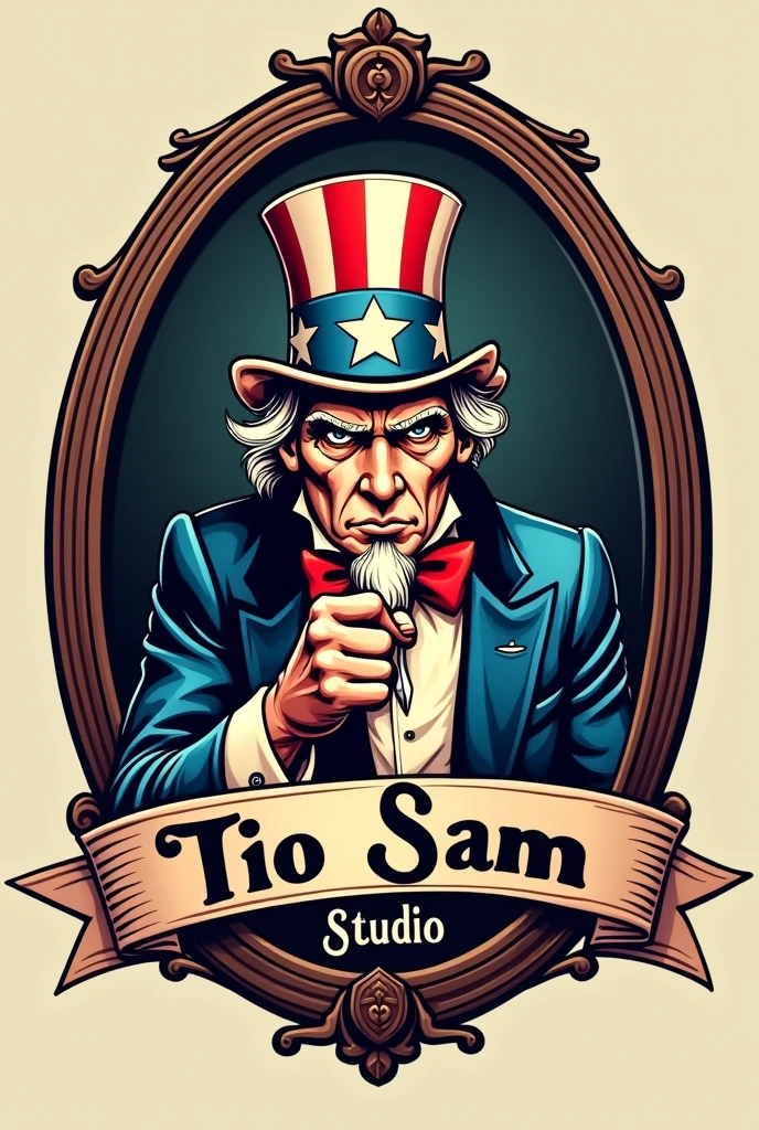 Create a logo called "Tio Sam Studio"
The idea is to bring a mirror and Uncle Sam coming out of it holding a professional tattoo needle in his hands as if he were tattooing someone and below the image the name of the company.. Remember I want a logo for a professional tattoo studio, be more detailed in Uncle Sam