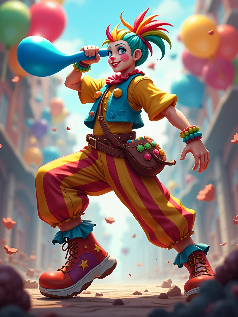 a dynamic and vividly colored character that combines the elements of a clown and a warrior. The character should have rainbow-colored hair tied back, wearing a yellow shirt with a blue vest adorned with various accessories like balloons. The character is wielding a blue balloon shaped like a sword in one hand. The pants should be red-and-yellow striped, and the shoes should be colorful with star patterns and unique laces. Include playful yet combative elements, such as a pouch filled with balloons, and ensure the character strikes an energetic and fierce pose, blending the whimsical nature of a clown with the intensity of a warrior