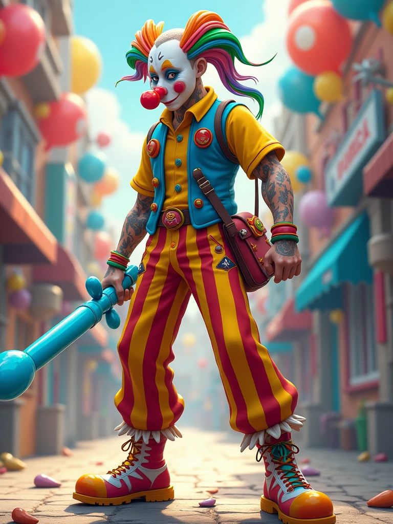 a dynamic and vividly colored character that combines the elements of a clown and a warrior. The character should have rainbow-colored hair tied back, wearing a yellow shirt with a blue vest adorned with various accessories like balloons. The character is wielding a blue balloon shaped like a sword in one hand. The pants should be red-and-yellow striped, and the shoes should be colorful with star patterns and unique laces. Include playful yet combative elements, such as a pouch filled with balloons, and ensure the character strikes an energetic and fierce pose, blending the whimsical nature of a clown with the intensity of a warrior