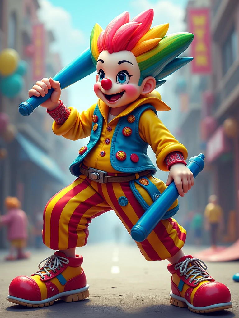 a dynamic and vividly colored character that combines the elements of a clown and a warrior. The character should have rainbow-colored hair tied back, wearing a yellow shirt with a blue vest adorned with various accessories like balloons. The character is wielding a blue balloon shaped like a sword in one hand. The pants should be red-and-yellow striped, and the shoes should be colorful with star patterns and unique laces. Include playful yet combative elements, such as a pouch filled with balloons, and ensure the character strikes an energetic and fierce pose, blending the whimsical nature of a clown with the intensity of a warrior