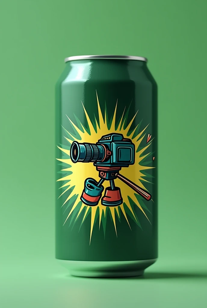 A dark green can logo, with a comic style, bottomless, Put a logo on the can that includes a camera and some drumsticks, 