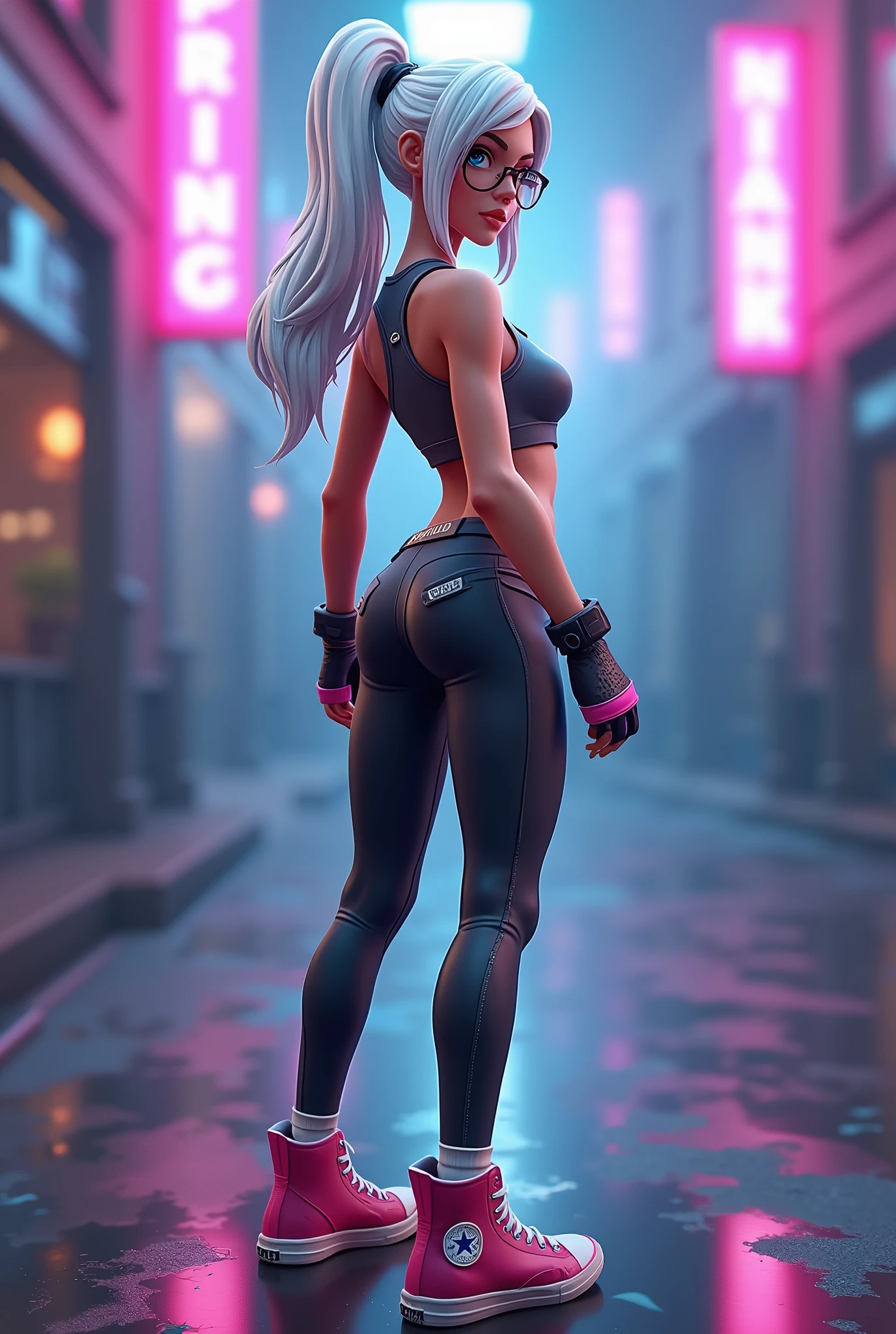 fortnite style girl with white hair blue eyes wearing glasses sexy legging pants allstar shoes rear full body
