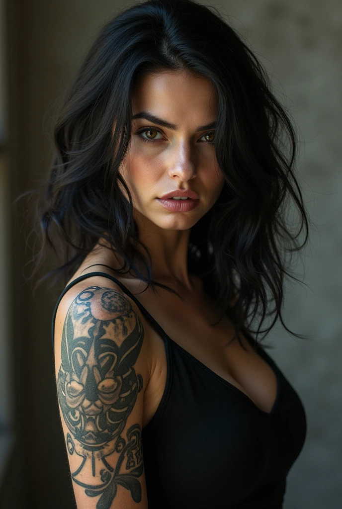 brunette woman with tattooed arm