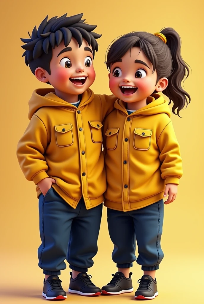 5 year old boy and girl, Venezuelan, with yellow flannel, and long navy blue sports pants and black sports shoes