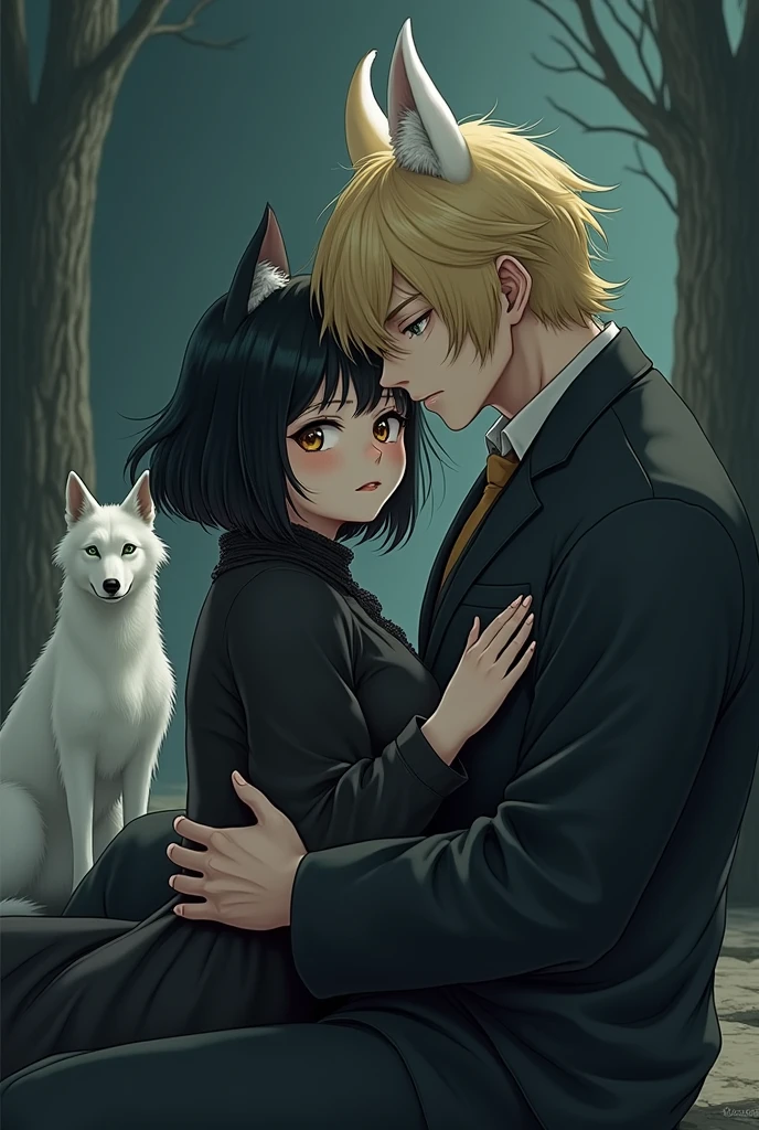 i wanna see a chubby japanese woman, with cat ears, dark black medium size hair, dark brown eyes, gothic with her boyfriend who is strong, tall, blond guy with green eyes and white dog ears
