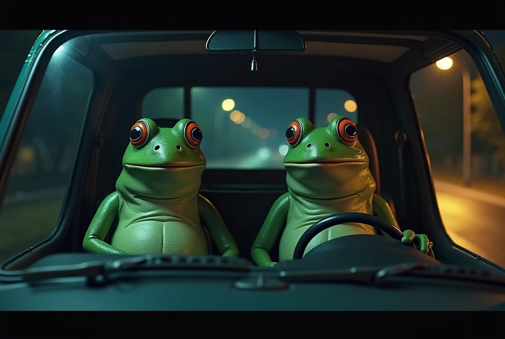 (photorealism:1.2), two human sized frogs in a truck drive home at night, they regret their actions tonight and sit in silence, sad, nonchalant, driving on the road
