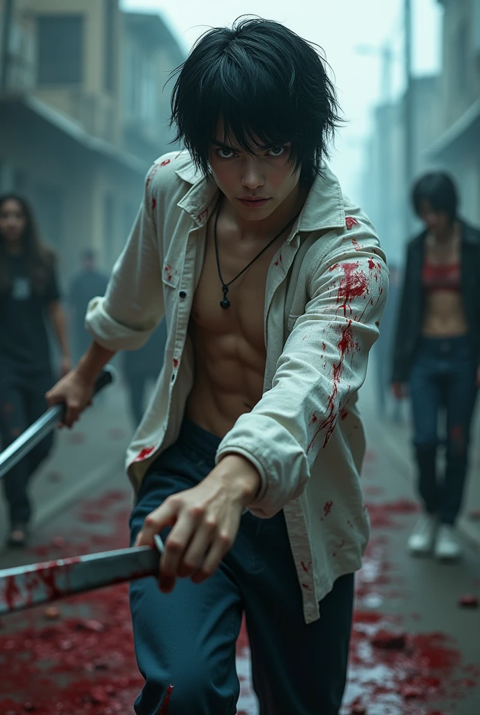 A boy skin tone ( and, 1 is skin tone 100% white he is a 6), with a very beautiful profiled face black hair approximately 1. With a bloody sword unsheathed, and around him the 9 corpses of those who turned out to be victims of his sword. There are also blood splatters on his intact body., His clothes are slightly scratched on his right arm, which is where he holds his sword.. Your clothes can be defined, He has a white flannel shirt and his pants are a very dark blue yin color, white shoes. The camera angle is facing him, he looks like he&#39;s looking at the camera., esta en un ambiente como una buena ciudad pero andn avitantes