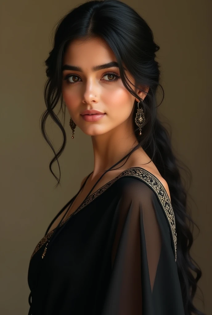 a beautiful young indian girl, wearing a black saree, porcelain white skin, extremely detailed portrait, high quality, realistic, photorealistic, 8k, best quality, masterpiece, sharp focus, physically-based rendering, vivid colors, intricate details, elegant pose, serene expression, soft lighting, warm color tones