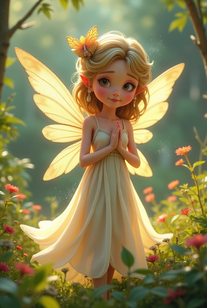 Create a fairy woman, tender, that represents humility, as if it were a children's story, que sea más criatura animada y tender