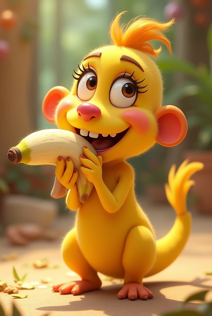nila pixar style eating a flesh colored banana