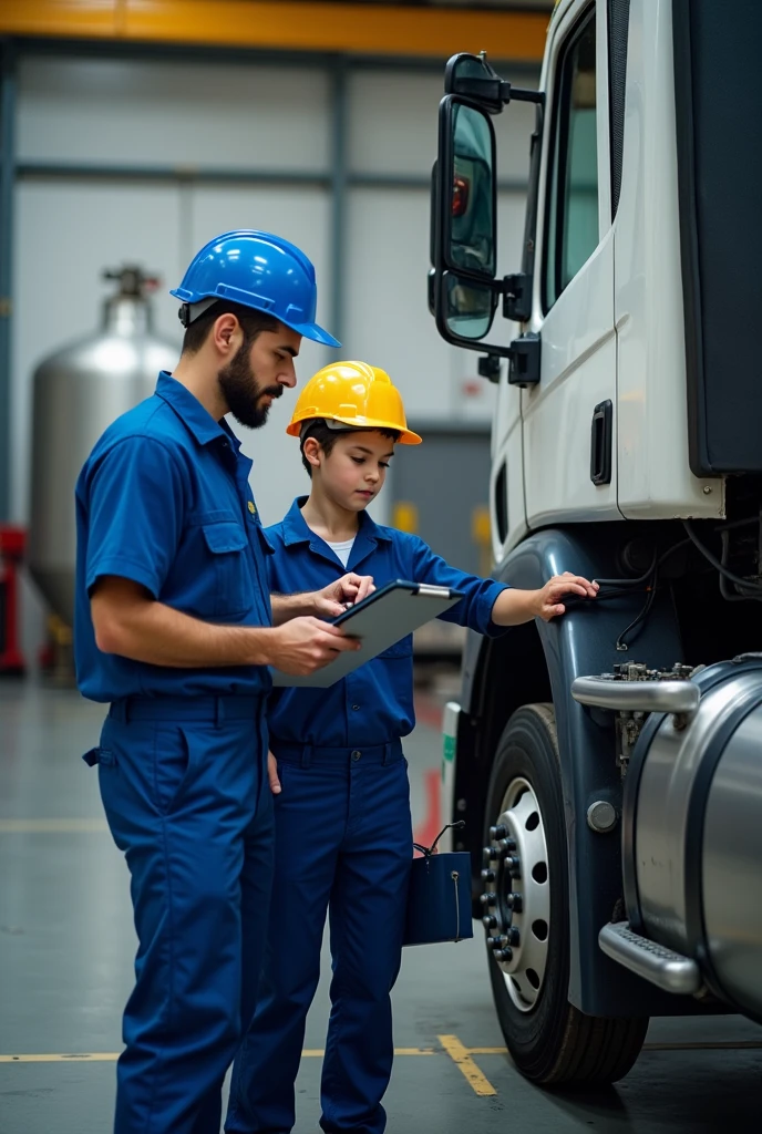 Truck mechanic worker father with little son in a mechanic workshop , both wearing blue uniforms, Safety equipment, and helmets. Father holding clipboard and teaching son about machinery maintenance on open truck engine , with equipment background a pressure vessel , in a well lit, clean environment.

