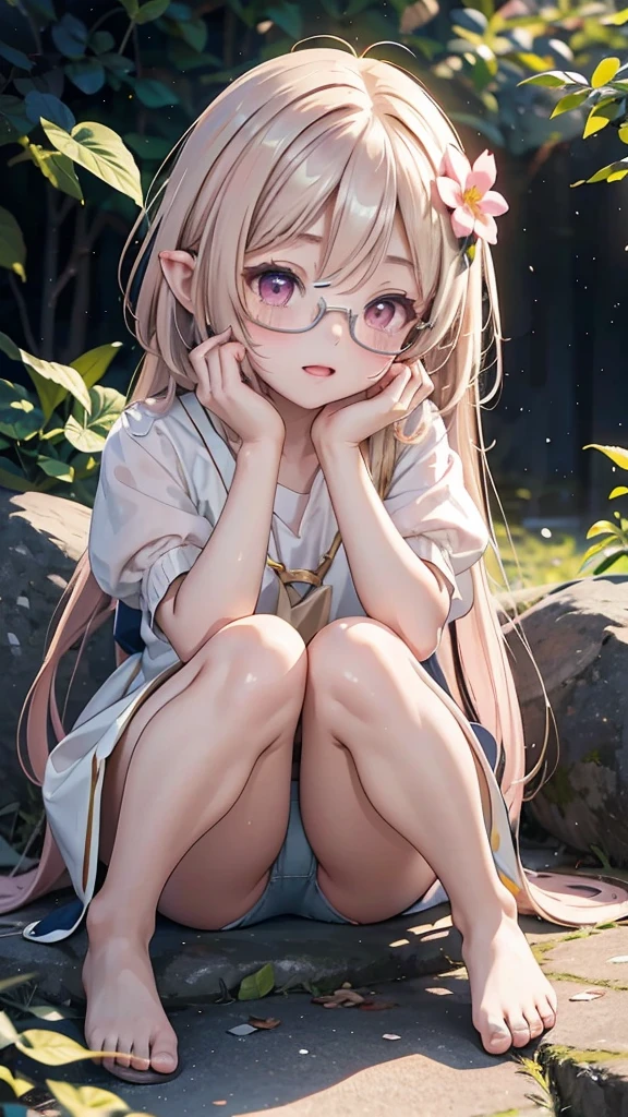 "Anime style young female character、Full body portrait。A tiny fairy, 15cm tall, with delicate, transparent wings on its back.。long-haired pale pink color,、with large pink eyes。Wearing round glasses。White flower hair ornament。Wearing a pale pink dress、Puff sleeve design and above knee length。Slim figure。Standing barefoot。The background is lush nature、wood々surrounded by leaves。The character is a little shy and tilts his body.、Face-to-face pose。Overall a soft and gentle atmosphere。A fantastic atmosphere with dancing light particles。high quality digital art。"