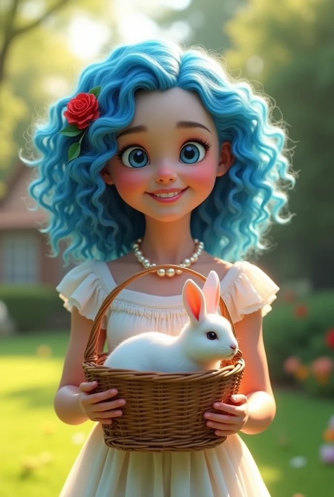 ferend birthday blue curly hair, and a girl
With a very smiling and happy lip
With an old basket with a white rabbit in it
With a white princess dress and
Style 3D
A pearl necklace with a red rose in the yard
