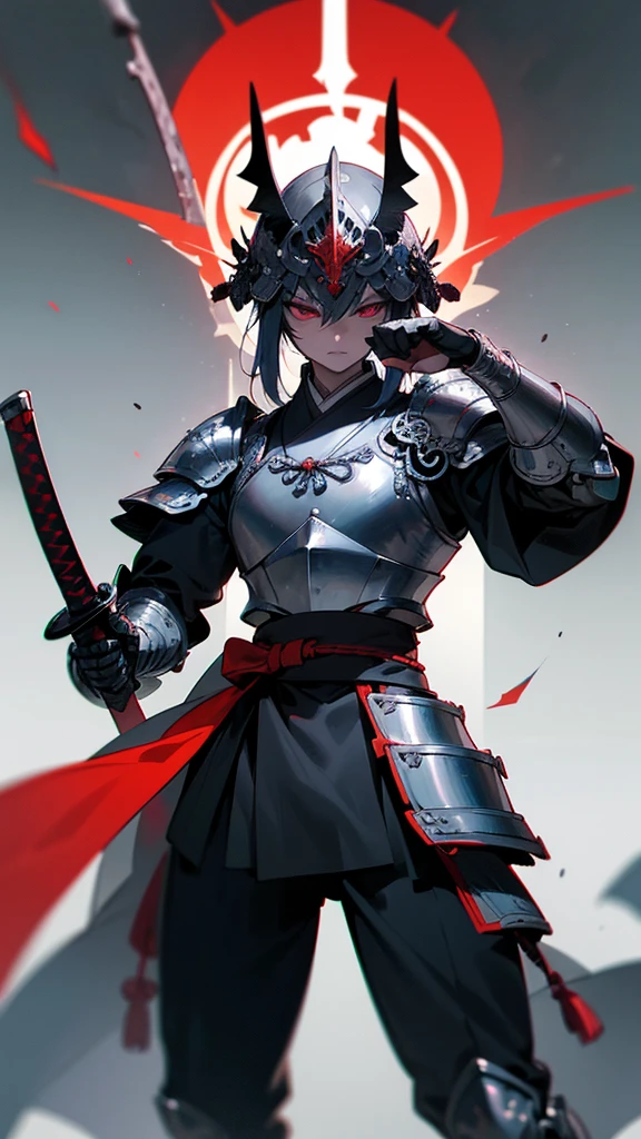 • Head:
• The character wears an ornate helmet with a demonic, skull-like design that covers the entire head.
• The helmet has a menacing, glowing red eye in the center of the forehead, adding a supernatural and fearsome element.
• The helmet’s design features sharp edges and intricate patterns, giving it a highly detailed and intimidating appearance.
• Red, tattered cloth streams from the back of the helmet, flowing dramatically as the character moves.
• Upper Body:
• The character is clad in a blue, armored chest plate with a ribcage-like design, emphasizing a skeletal or otherworldly theme.
• The armor is accented with red and silver details, highlighting the character’s fierce and battle-ready nature.
• The shoulders are protected by large, angular pauldrons with a similar skeletal design, providing both protection and a striking visual impact.
• The character wields a katana in each hand, poised in a ready stance for combat. The katanas are sleek and sharp, with a polished silver finish.
• Lower Body:
• The character wears baggy, dark pants with intricate patterns, possibly of Japanese origin, that suggest a traditional samurai influence.
• The pants are tucked into armored shin guards that match the upper body armor, providing both protection and mobility.
• The shin guards are adorned with metal plates and straps, enhancing the character’s armored and battle-ready appearance.
• Feet:
• The character is wearing armored boots with sharp, angular designs that match the rest of the armor.
• The boots are equipped with metal plates and straps, providing durability and protection while maintaining agility in combat.
• Accessories:
• A blue waist sash with decorative patterns is tied around the character’s waist, holding additional equipment and reinforcing the samurai aesthetic.
• The katanas are sheathed in black and purple scabbards when not in use, hanging at the character’s sides.
solo, Simple Background, male, armor