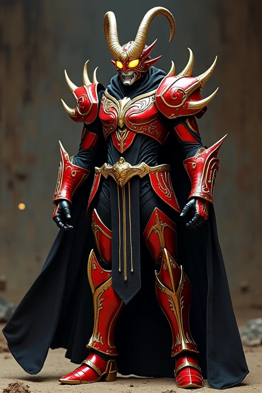 horror

Kamen Rider

Here’s the translation:

cool design

Stylish

---

### Kamen Rider Sekuros Design (Revised Version)

**Overall Concept:**
- **Motif:** A design that combines the elements of a demon, a dark lord, and a black goat (evoking an evil and powerful impression), with influences from ancient Egyptian mysticism.

**Head:**
- **Horns:** Short gold horns extend vertically from the top of the head, inspired by the design of a black goat. These horns are intricately engraved with vertical patterns, resembling the hieroglyphs and symbols found in ancient Egyptian temples.
- **Compound Eyes:** Sharp yellow compound eyes that jut out diagonally to the sides, enhancing the character's intimidating presence.
- **Mouth:** A subtly designed, twisted cold smile with no visible fangs. The mouth area features a pattern that mimics a sinister smile, crafted to evoke the mysterious powers of ancient Egyptian deities.

**Body and Armor:**
- **Undersuit:** The base is black, adorned with organic patterns that give the impression of a parasitic infestation, adding a disturbing, lifelike quality. The patterns intertwine with ancient Egyptian symbols and hieroglyphs, enhancing the mystical feel.
- **Armor Placement:**
  - **Torso:** The chest is protected by thick, blood-red armor, with ancient Egyptian deity symbols and the motif of the Ankh (a symbol of life) prominently displayed on the surface.
  - **Arms:** The arms and shoulders are covered with red armor, decorated with elements reminiscent of the attire of ancient Egyptian gods.
  - **Shoulders:** The red spiked shoulder armor features engravings that evoke Anubis, the Egyptian god of death, emphasizing a demonic motif.
  - **Shins:** Red armor with Egyptian hieroglyphs and the names of ancient gods as seen on temple walls.
- **Lines and Details:** White lines run irregularly across the body and armor, creating a faint glow in the dark, adding a creepy effect. Additionally, various ancient decorative elements remini