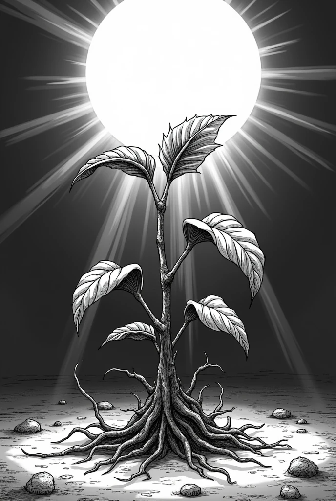 BLACK AND WHITE COMIC STYLE DRAWING OF A SICK PLANT FINDING THE SUN'S RAYS THAT HELP IT CARRY OUT ITS PHOTOSYNTHESIS