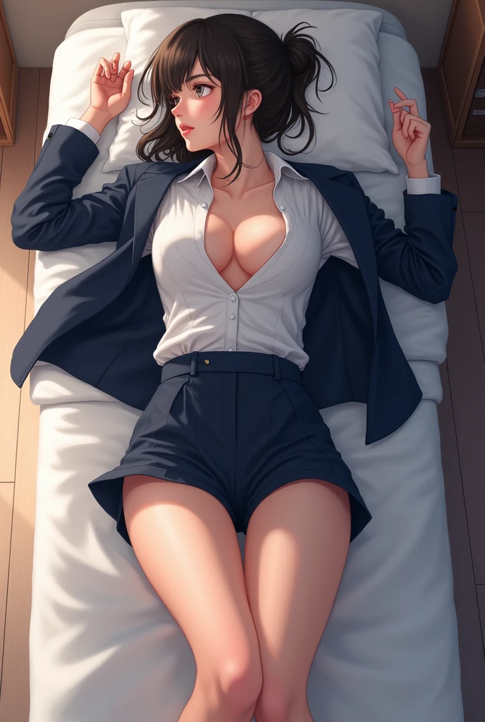 1 girls ((sleepy)), ((lying in bed)), (vertical), cute, (closed eyes), ((big breasts)), (black medium hair), (bangs), ((office suit)), (semi-nude), ((dark bedroom background)), top-quality, hight resolution, (​masterpiece), (Photorealistic:1.4), professional photography, sharp focus, nfsw, 4k resolution, intricate details, depth of fields, the Extremely Detailed CG Unity 8K (A slender:1.3), ((dark bedroom))