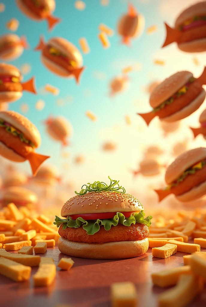 Create a picture in the middle there should be space for a logo around the outside there should be fish sandwiches with fries flying around fishburger only with salad not kind 