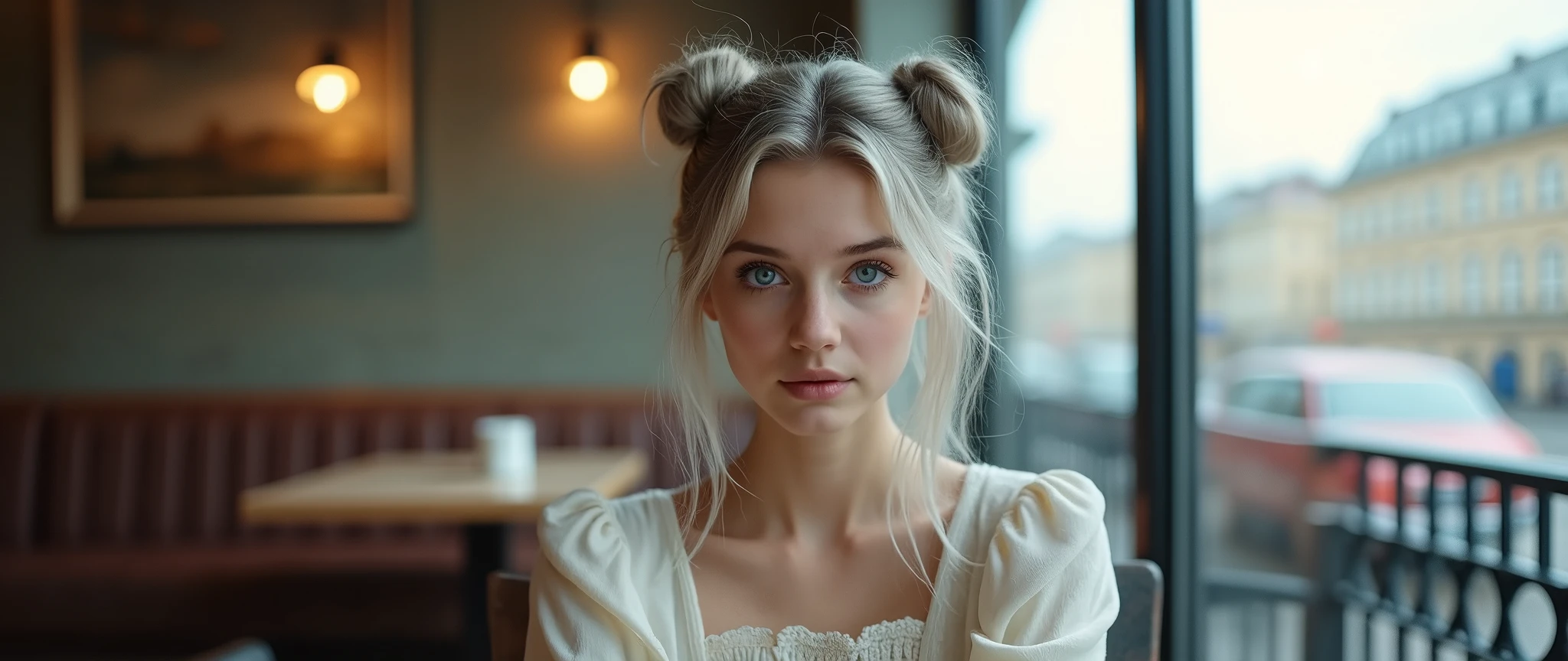 Beautiful girl with fair skin, 20 years, light gray hair gathered into two buns, Blue eyes, sits elegantly in a coffee shop, Sits up straight, Look directly into the camera, in the background is a large window overlooking Saint. Petersburg, Really, Photo, 4K