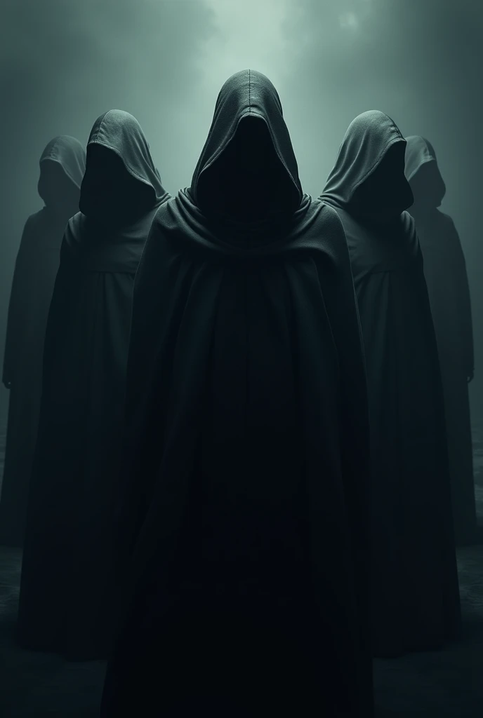 Many Horror men in black cape with smoke and candles