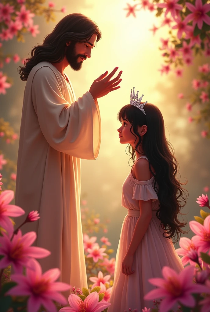 jesus crowning a 15 year old girl pixar style, The young woman is kneeling and is wearing a short-sleeved dress with exposed shoulders. , Jesus is wearing the delicate diamond crown on top of the young woman's head ready to place the crown on the young woman's head, place surrounded by pink flowers, Her hair is very long and very black with bangs and straight and wavy