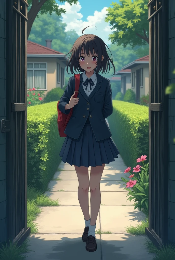 A girl wearing school uniform holding her bag
Then she stopped at infront of her friend home.
She entered in the house and stoped at the main gate.
Her face got embarrassed and her eyes filled with tears
