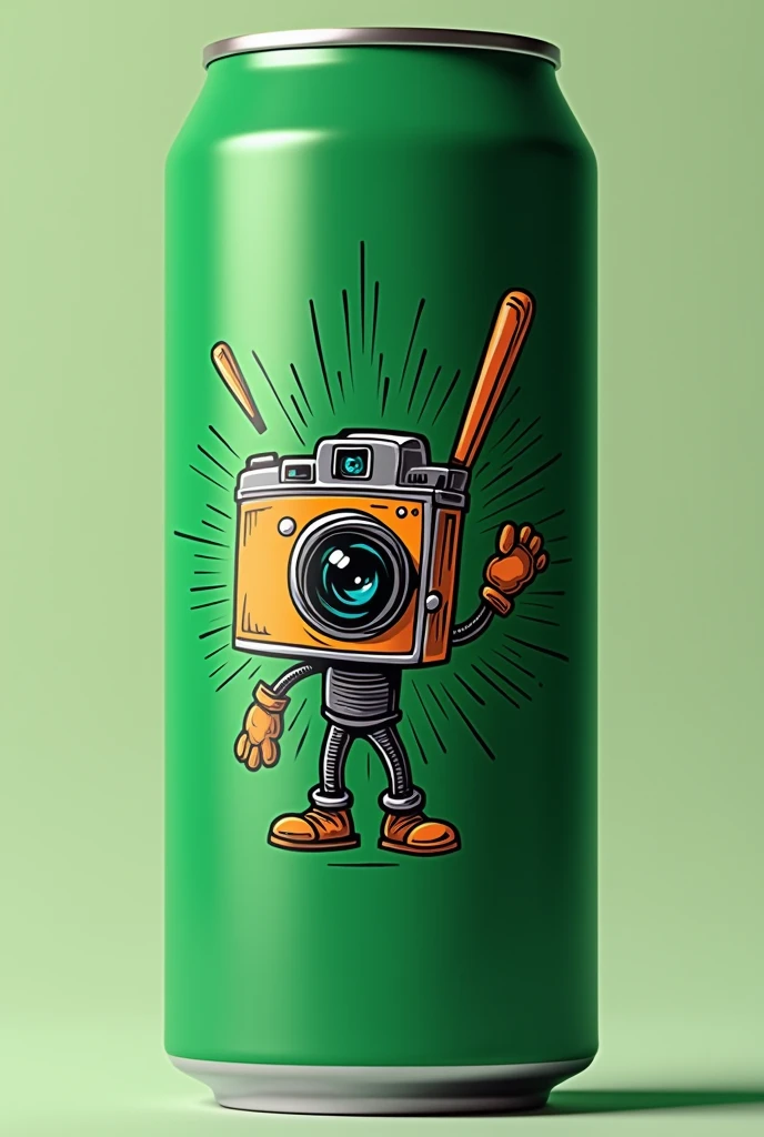 A dark green can logo, with a comic style, bottomless, Put a logo on the can that includes a camera and some drumsticks,