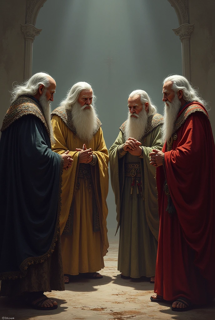 Les 4 anciens sages Gardiens en désaccord : A tense scene where the old Guardians debate passionately, certains prônant la vengeance contre le Gardien déchu, tandis que d'autres insistent sur la rédemption. Their expressions are marked by pain and anger..