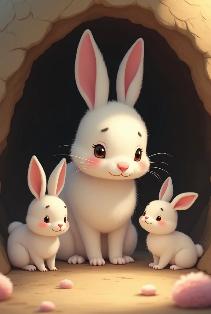 A realistic image of the mother rabbit, the same soft and fluffy white rabbit, sitting inside the burrow, looking at her now-grown baby rabbits with a mix of pride and sadness. The baby rabbits, slightly bigger now but still fluffy and cute, are preparing to leave the burrow for their new lives.