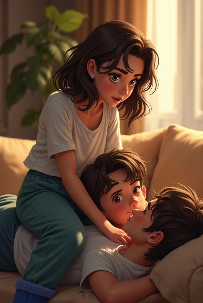 Room full of sofas. A boy is lying on the sofa, a girl with shoulder-length brown curls, broad eyebrows and green eyes is sitting on him in a dominant manner. Wearing sweatpants, a T-shirt and blue Ugg boots