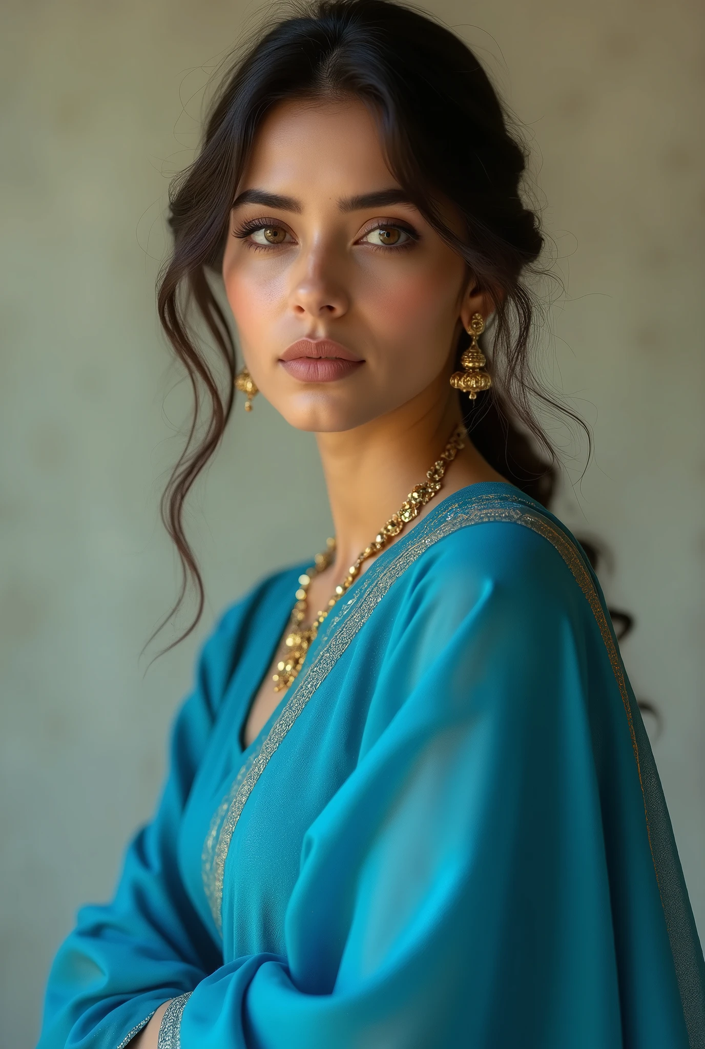 a beautiful young indian girl, wearing a blue saree, porcelain white skin, extremely detailed portrait, high quality, realistic, photorealistic, 8k, best quality, masterpiece, sharp focus, physically-based rendering, vivid colors, intricate details, elegant pose, serene expression, soft lighting, warm color tones,same face