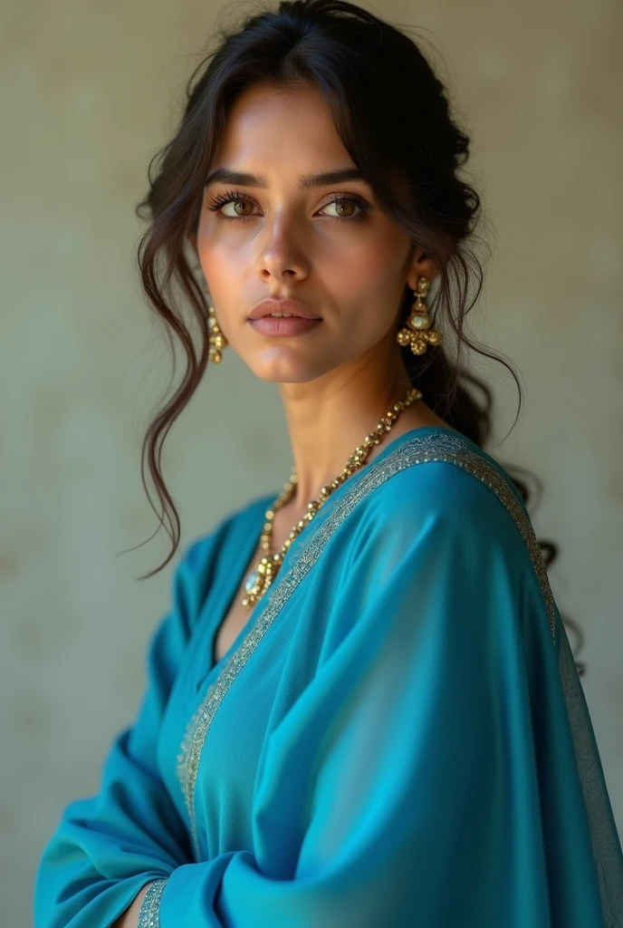 a beautiful young indian girl,  wearing a blue  saree, porcelain white skin, extremely detailed portrait, high quality, realistic, photorealistic, 8k, best quality, masterpiece, sharp focus, physically-based rendering, vivid colors, intricate details, elegant pose, serene expression, soft lighting, warm color tones,same face