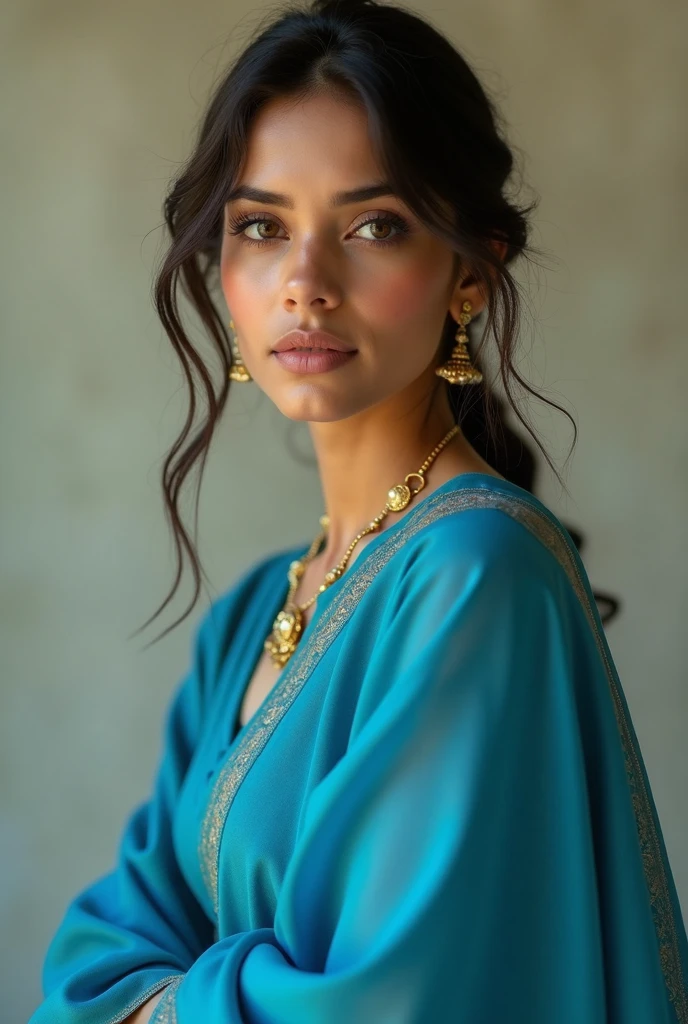 a beautiful young indian girl,  wearing a blue  saree, porcelain white skin, extremely detailed portrait, high quality, realistic, photorealistic, 8k, best quality, masterpiece, sharp focus, physically-based rendering, vivid colors, intricate details, elegant pose, serene expression, soft lighting, warm color tones,same face