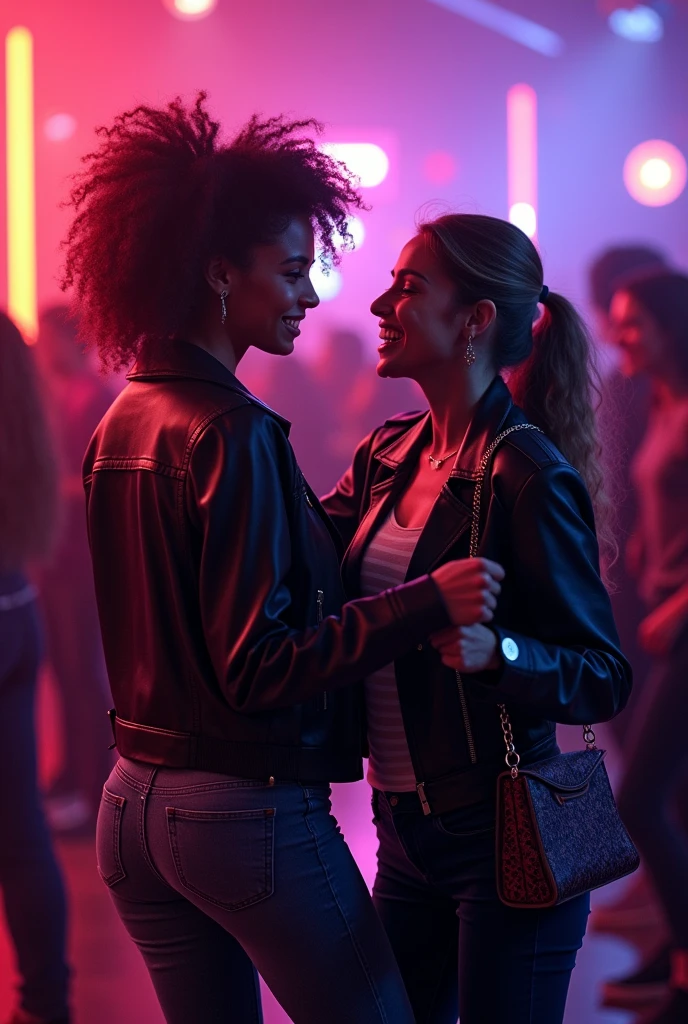 Woman curly hair tied leather jacket handbag with her teenage daughter, they dance in a nightclub