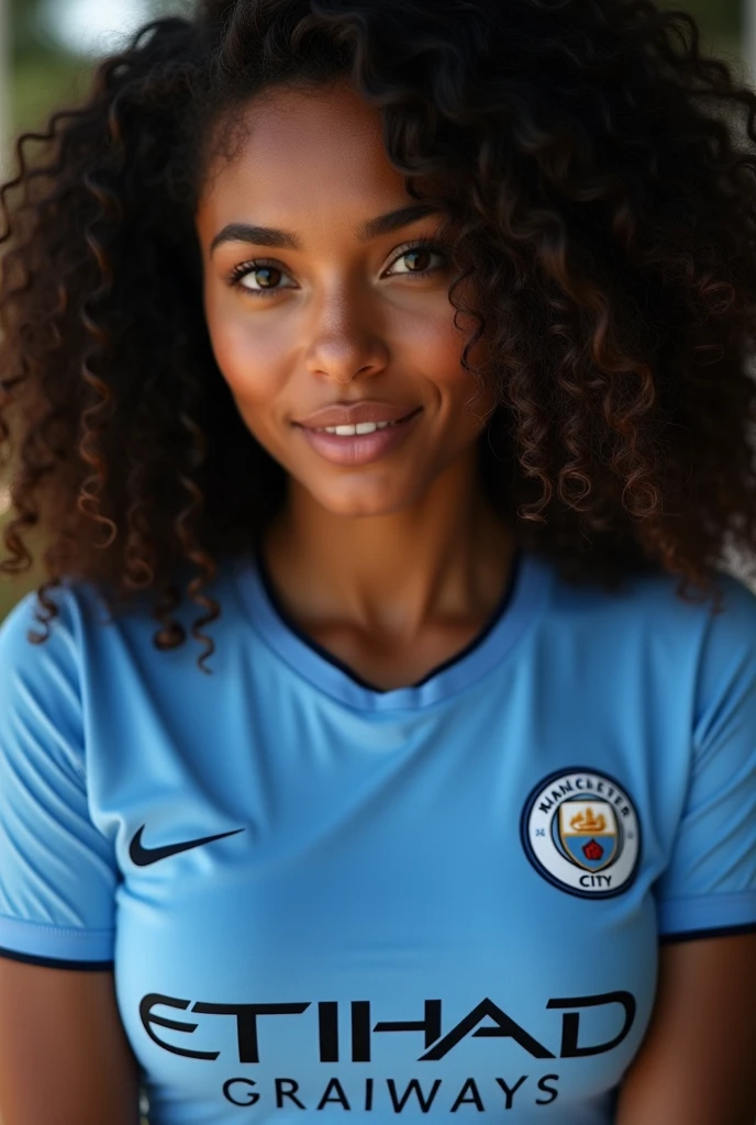 A lush curly Brazilian woman, wearing a manchestercity shirt, with a close-up capturing the harmonious beauty between her breasts.