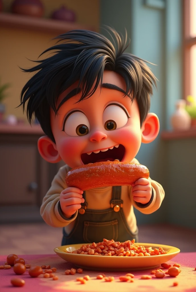 10 year old , pixar style, eating a sausage, drools with crooked eyes