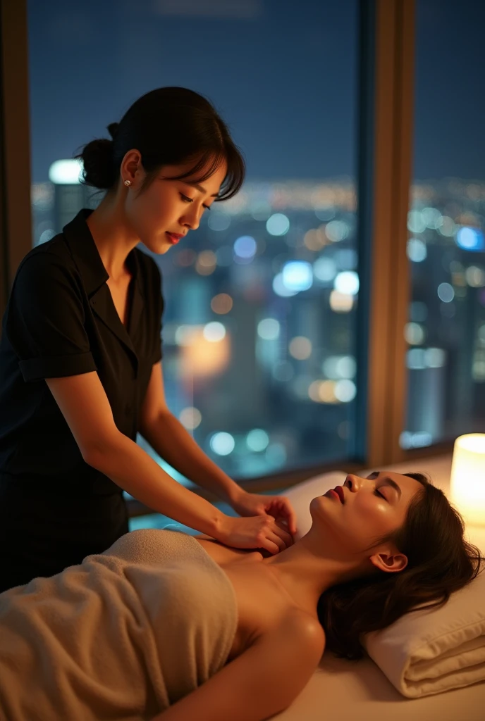 Professional photograph taken with a DSLR camera. A serene, luxurious room in a high-rise apartment with floor-to-ceiling windows showcasing a stunning nighttime cityscape. In the foreground, a fully clothed Japanese female massage therapist is performing a professional massage. She is wearing a modest, high-necked black cutsew with short sleeves, exposing only her forearms. Her expression is soft and gentle, with a subtle smile. Her skin appears smooth and flawless. The client, also a Japanese woman, lies face down on a massage table, fully covered with a soft towel. Only her face is visible, eyes closed, showing a deeply relaxed, almost dreamy expression. She appears to be drifting off to sleep, completely at ease. Her skin also has a beautiful, healthy glow. The lighting is warm and soft, creating an intimate and calming atmosphere. The overall composition is balanced and aesthetically pleasing, capturing the essence of relaxation and professional care. The image should be appropriate for all audiences, with no suggestive or revealing elements.
