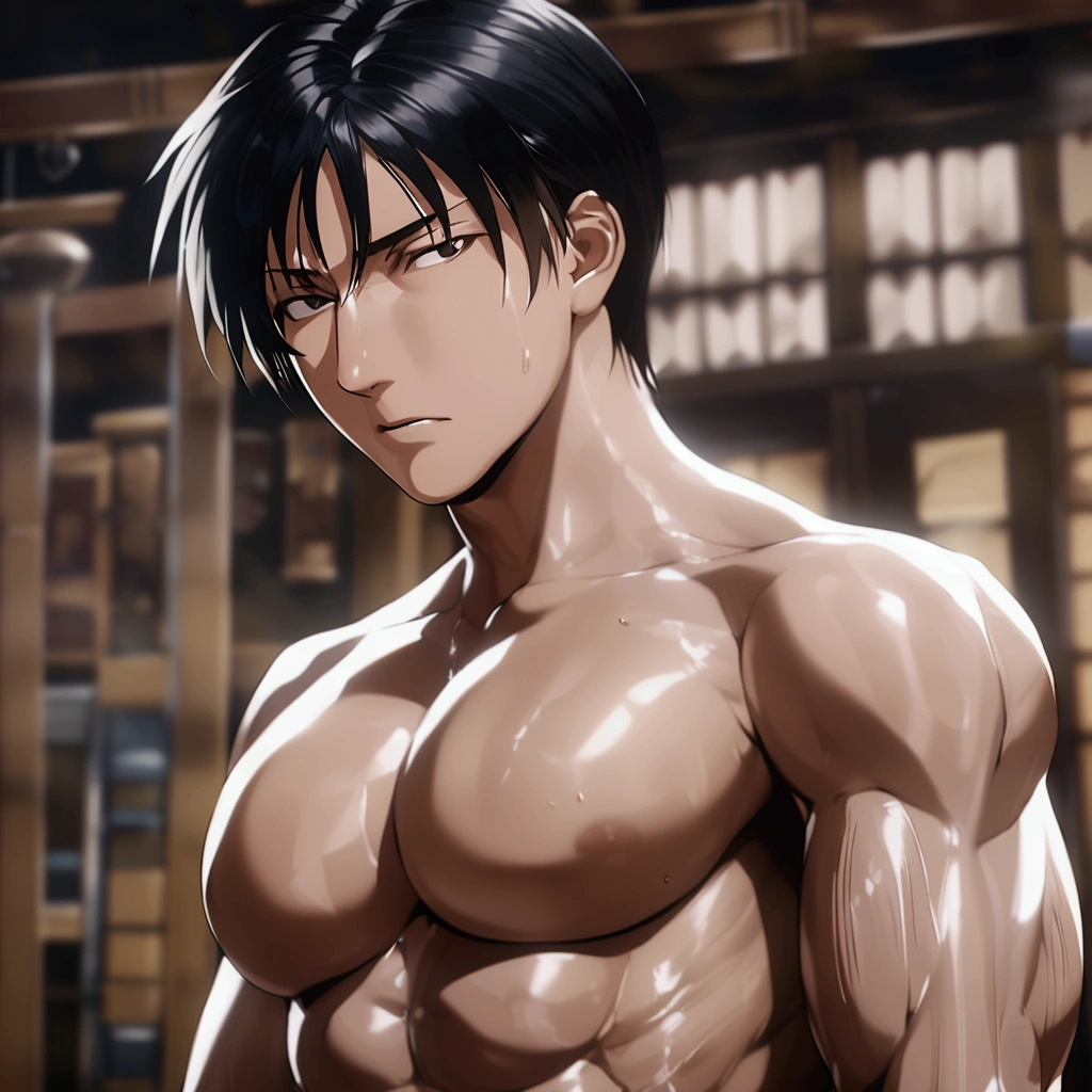 Roy Mustang from Full Metal Alchemist, shirtless, defined body, black eyes, large chest