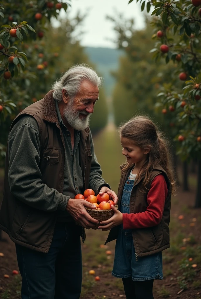 masterpiece, best quality, (Dark Photo:1.3), Reality,Grandfather and granddaughter picking fruit in the orchard