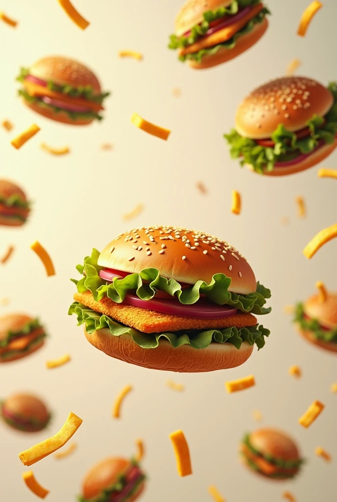 Create a picture in the middle there should be space for a logo around the outside there should be fish sandwiches with fries flying around fishburger only with salad not kind without fish fins