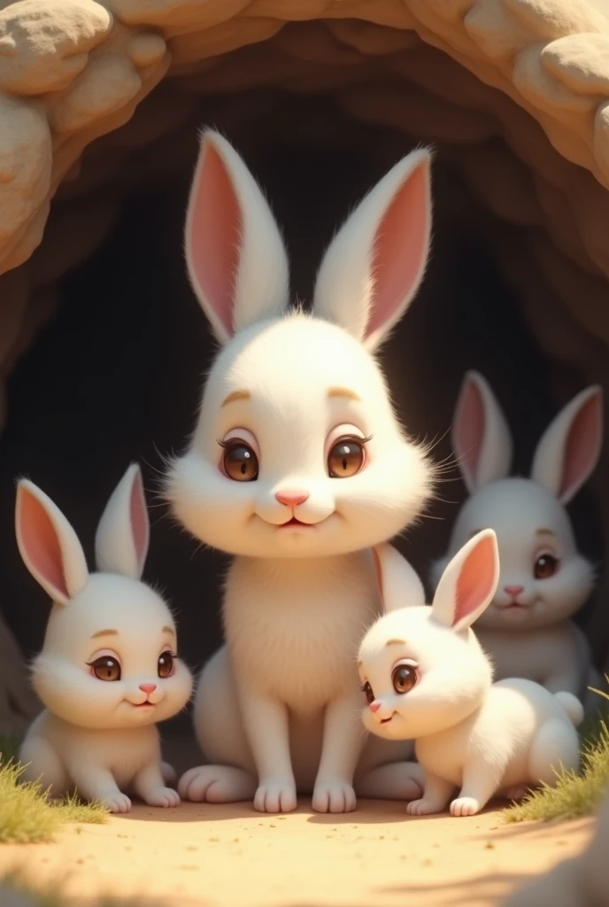 A realistic image of the mother rabbit, the same soft and fluffy white rabbit, sitting inside the burrow, looking at her now-grown baby rabbits with a mix of pride and sadness. The baby rabbits, slightly bigger now but still fluffy and cute, are preparing to leave the burrow for their new lives.