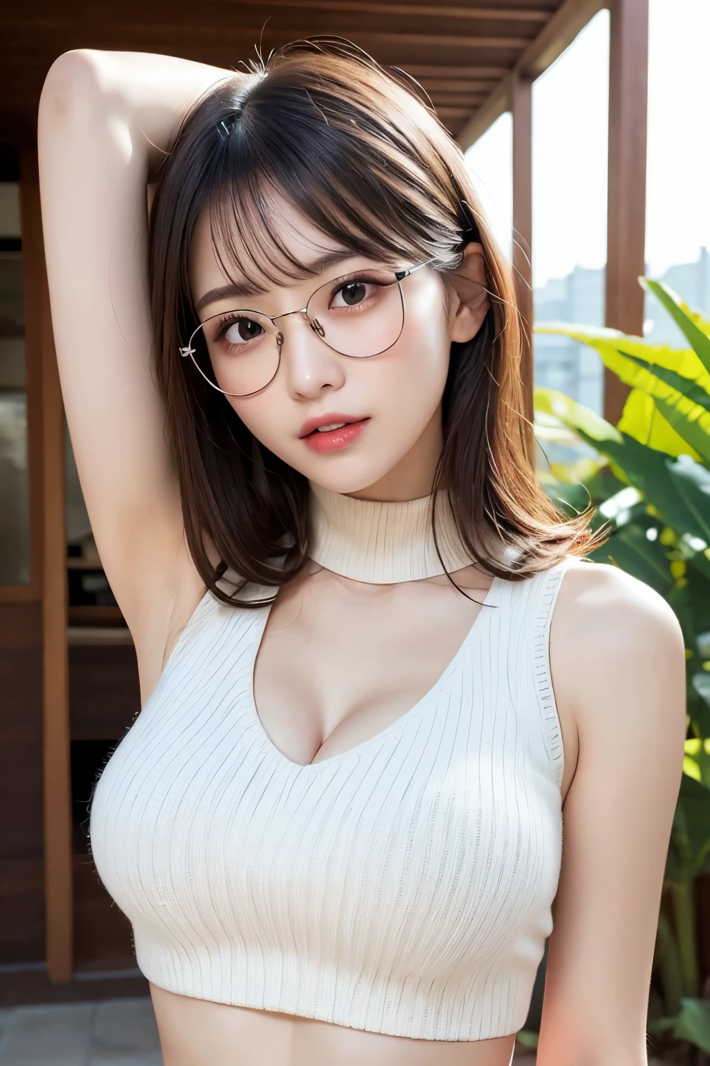 high resolution, Photo of a beautiful woman detailed_face, young handsome girl,realistic:0.5, perfect skin, (wearing a glasses:1.5), (ultra-detailed background, detailed background), bokeh, make happy expressions, happy emotion, gorgeous,pure, beautyfull detailed face and eyes,breasts, (black eyes:1.1), (a extremely pretty and beautiful Japanese woman), (sexy girl), (professional attire:1.3), (22 years old: 1.1), (arms down:1.3), BREAK breasts, (pink latex corset:1.2), (pink latex shorts:1.2), Insanely detailed outfit, beautiful detailed skin, (cute:1.2), ((K-pop idol)), (upper thigh:0.6), (depth of field),soft light, Lens Glow looking at viewer, (Drooping eyes:1.2), straight teeth, smile, floating hair, brown eyes, BREAK movie scene, cinematic, full colors, 4k, 8k, 16k, RAW photo, masterpiece, professionally color graded, professional photography, hair up, consider, soft clean focus, realistic lighting and shading, (an extremely delicate and beautiful art)1.3, elegant,active angle,dynamism pose BREAK (ponytail:1.3), (shiny-pink thin hair:1.2), bangs, dark brown eyes, beautiful eyes, princess eyes, (big eyes:1.3), bangs, wearing a glasses:1.3, Hair between eyes, short hair:1.3, (slender:1.1), (medium-breasts:0.95), (thin waist: 1.15), (detailed beautiful girl: 1.4), Parted lips, Red lips, full-make-up face, (shiny skin), ((Perfect Female Body)), (upper body image:1.3), Perfect Anatomy, Perfect Proportions, (most beautiful Korean actress face:1.3, extremely cute and beautiful Japanese actress face:1.3), (1glasses girl:1.3, solo), (blush:1.1), gray background, solo focus, (bust shot:1.2), cinematic light, (nostalgic night scene:1.4), (lockeroom at office:1.4), the vibrant glow of neon lights, (looking at viewer:1.2),