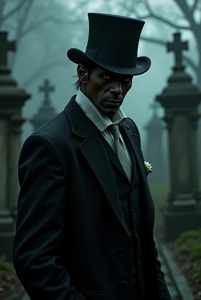 naughty man, very high, very skinny, suit and tie, stylish, top hats, seducing gaze, Very beauthful, dark black skin, black eyes, cemetery background, malicious smile