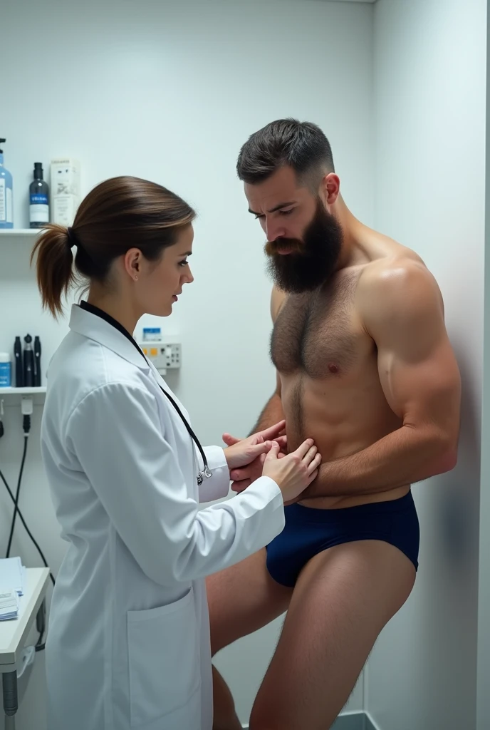 Female doctor examining the thigh of a strong hairy bearded man wearing only navy blue underwear.