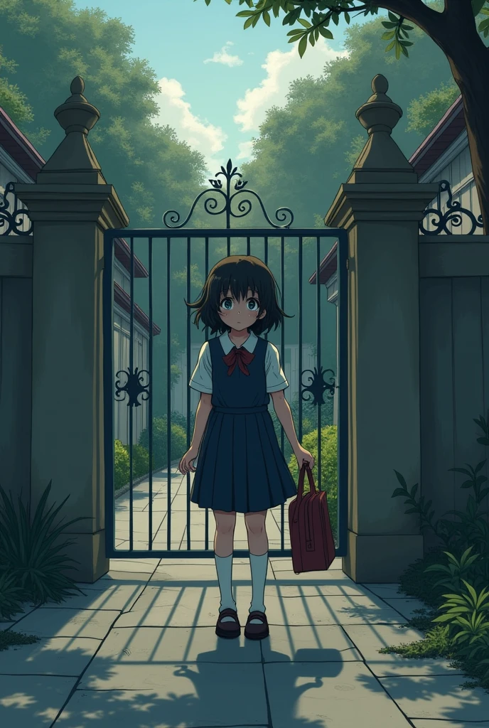 A girl wearing school uniform holding her bag
Then she stopped at infront of her friend home.
She entered in the house and stoped at the main gate.
Her face got embarrassed and her eyes filled with tears.
She turn back and left