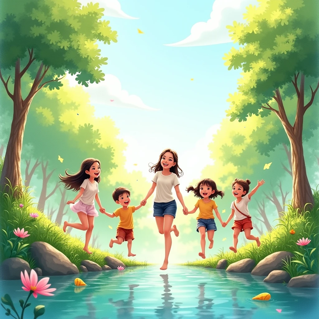 scene of pure joy and happiness, watercolor, (best quality, masterpiece, photorealistic), very aesthetic, perfect composition, intricate details, ultra-detailed, vivid colors