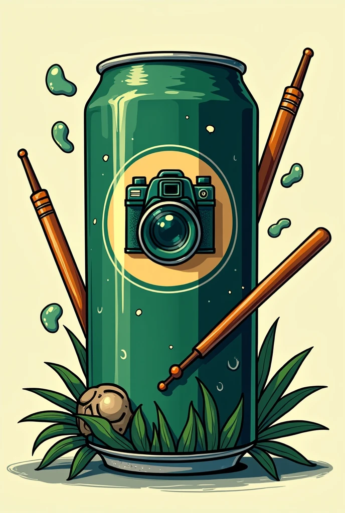 A dark green can logo, with a comic style, bottomless, Put a logo on the can that features a camera and some drumsticks and percussion instruments