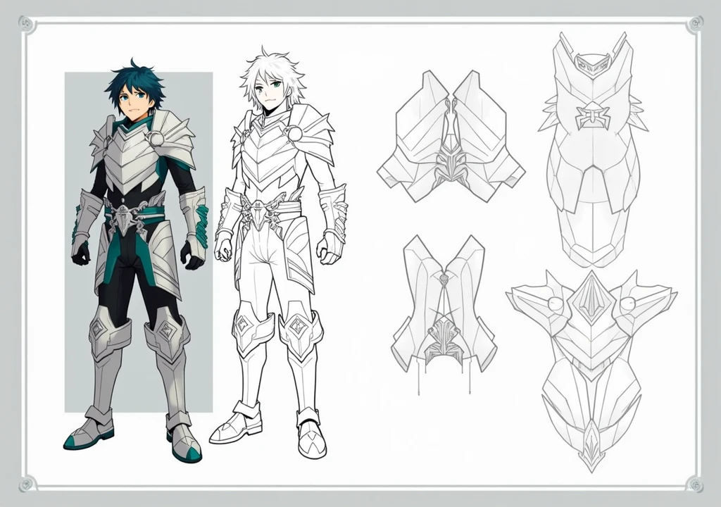 Naofumi Iwatani's armor in front of the anime The Rising of the Shield Hero but kind of combining a new design with white colors, cyan and black, that it is a type of dragon armor, But let's say it's a little simpler, like for a teenager.