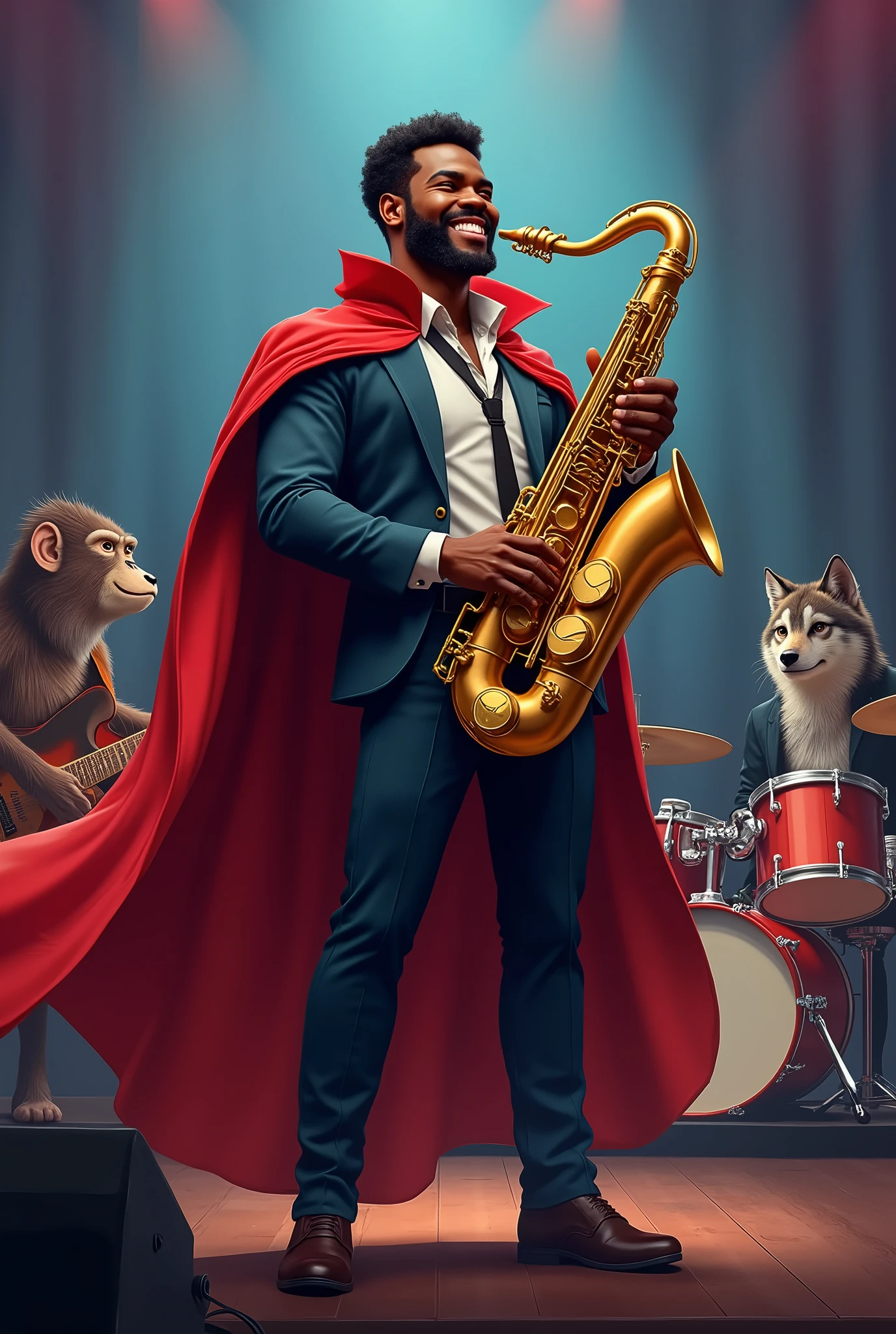 smiling black hero playing saxophone, with cape, standing on stage, monkey in background playing guitar, wolf playing drums in background,