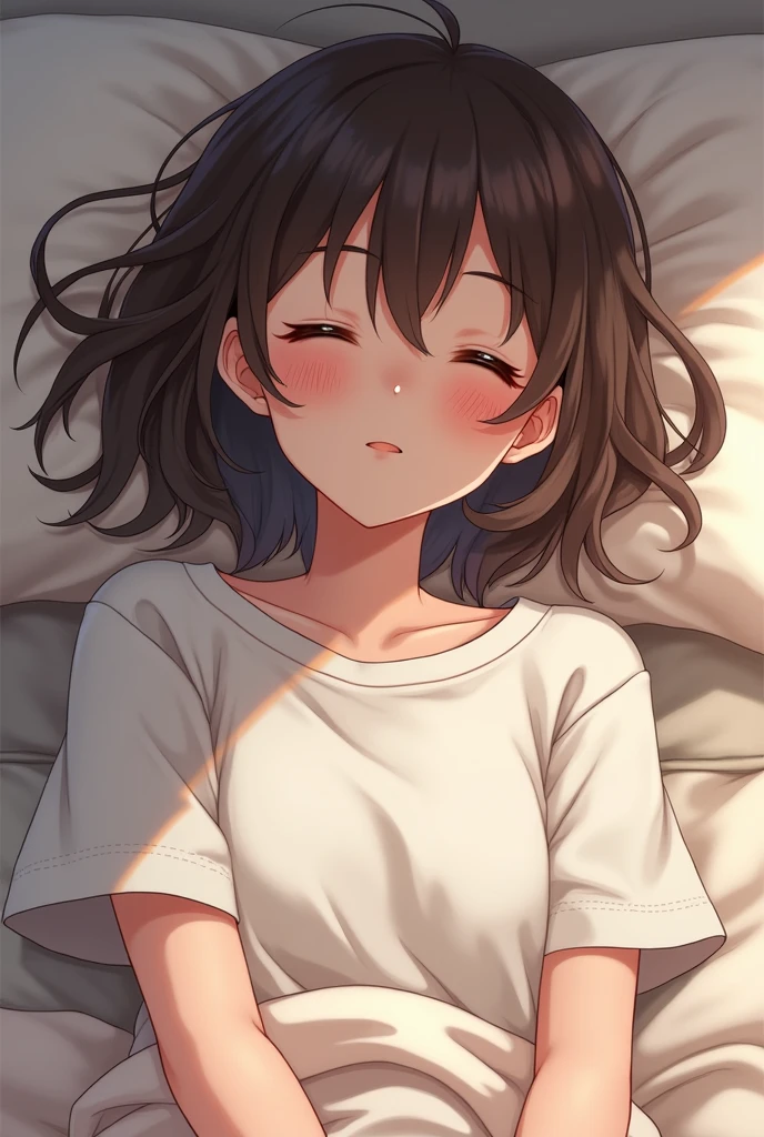 Brown haired anime girl in oversized t-shirt lying down blushing asleep 